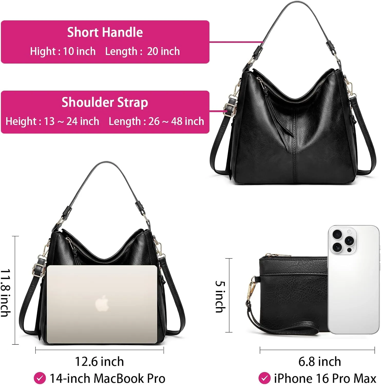Large Trendy Designer Hobo Tote Bag for Women, Soft Leather Crossbody Shoulder Handbag, Purse and Wallet Set Black Brown