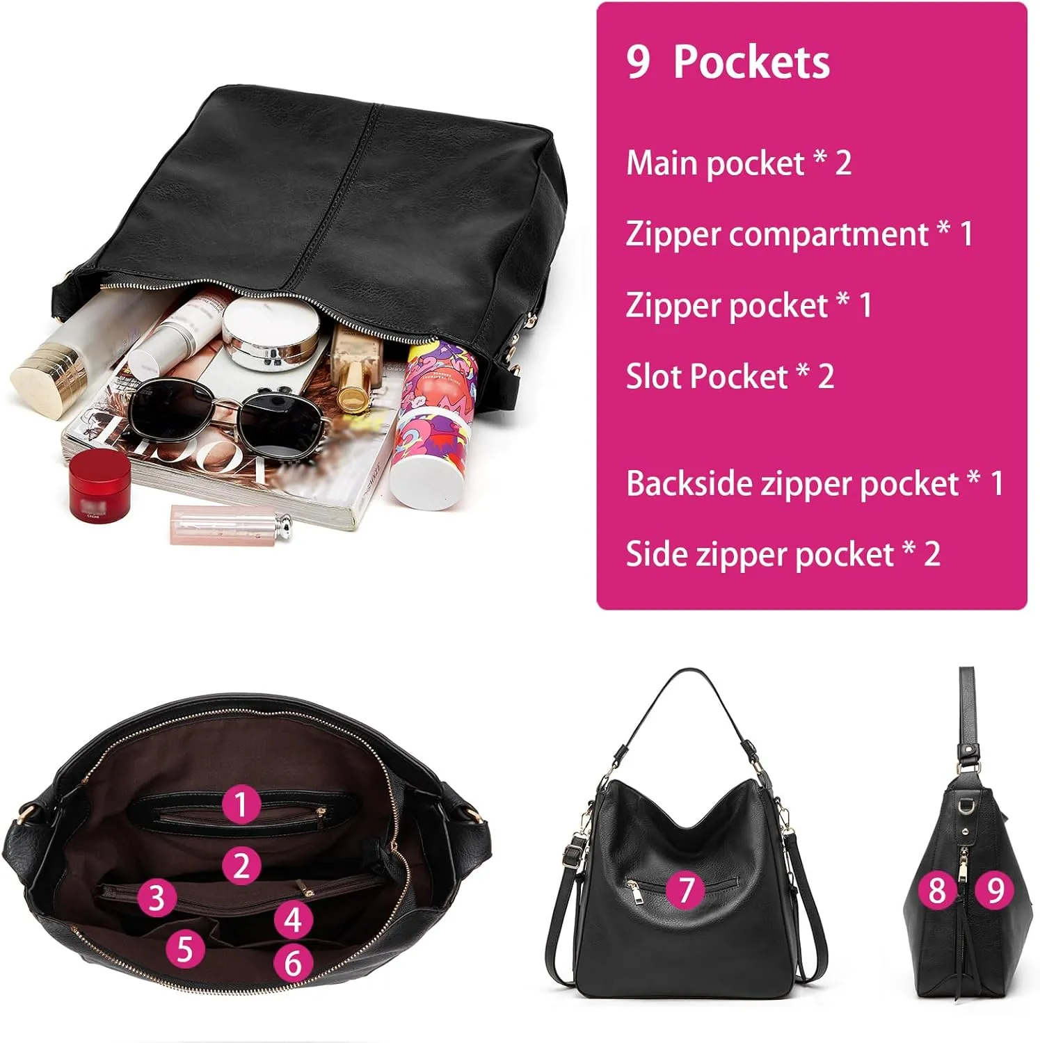 Large Trendy Designer Hobo Tote Bag for Women, Soft Leather Crossbody Shoulder Handbag, Purse and Wallet Set Black Brown