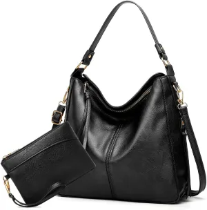 Large Trendy Designer Hobo Tote Bag for Women, Soft Leather Crossbody Shoulder Handbag, Purse and Wallet Set Black Brown