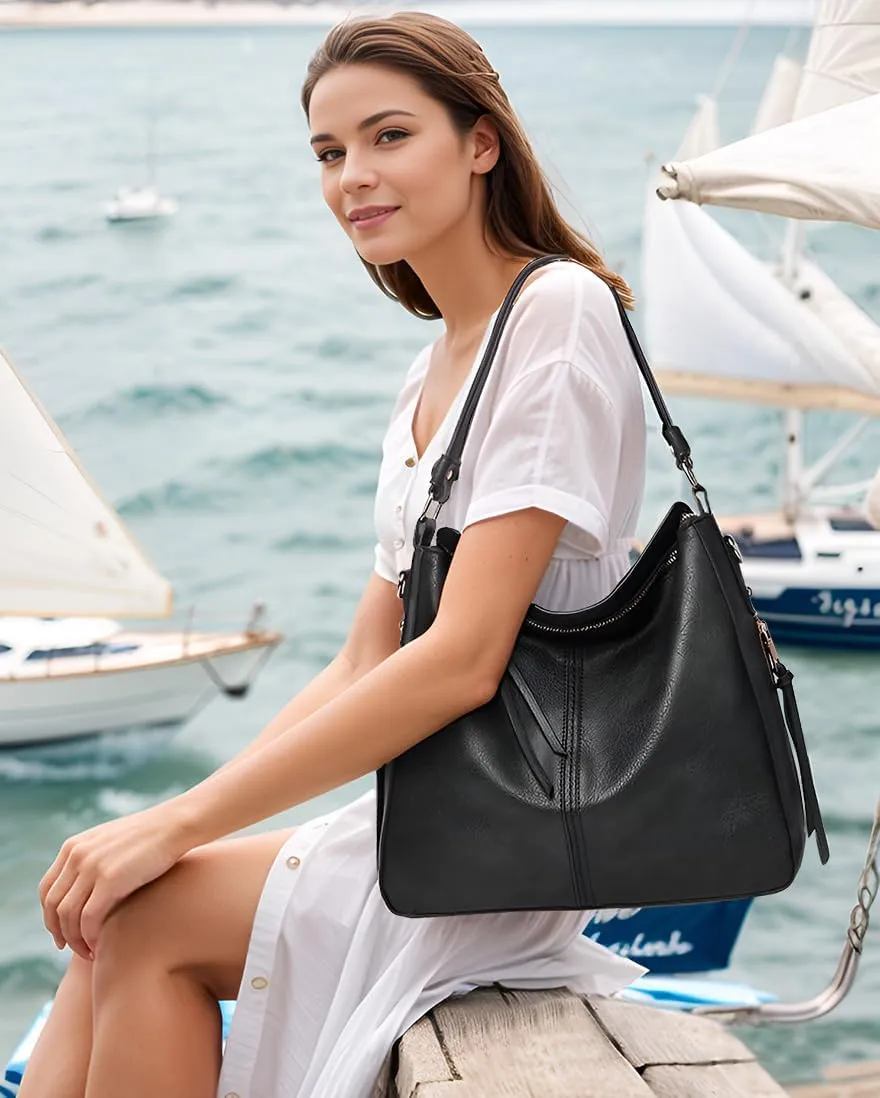 Large Trendy Designer Hobo Tote Bag for Women, Soft Leather Crossbody Shoulder Handbag, Purse and Wallet Set Black Brown
