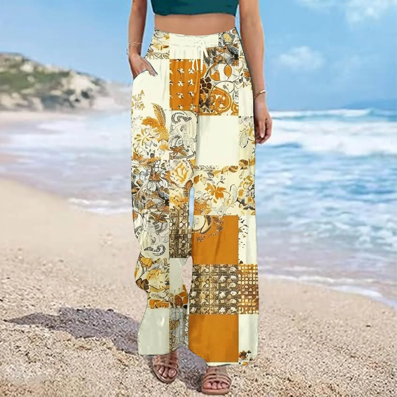 Lastesso Wide Leg Pants Women Casual Flowy Palazzo Pants High Waist Ethnic Style Fashion Falll Clothes Soft Lounge Pants