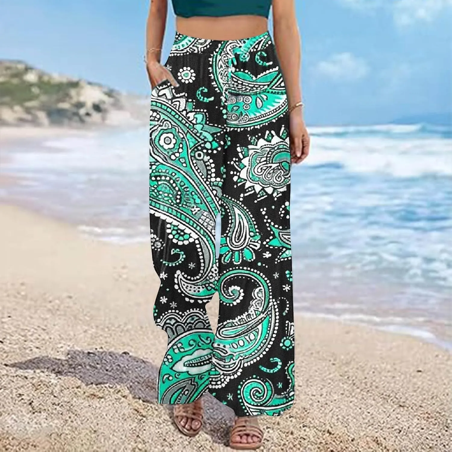Lastesso Wide Leg Pants Women Casual Flowy Palazzo Pants High Waist Ethnic Style Fashion Falll Clothes Soft Lounge Pants