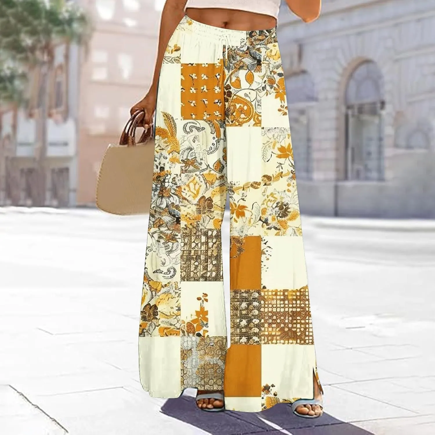 Lastesso Wide Leg Pants Women Casual Flowy Palazzo Pants High Waist Ethnic Style Fashion Falll Clothes Soft Lounge Pants