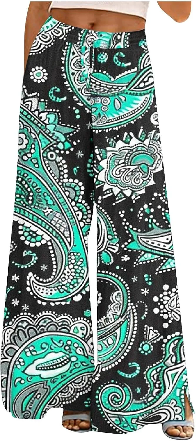 Lastesso Wide Leg Pants Women Casual Flowy Palazzo Pants High Waist Ethnic Style Fashion Falll Clothes Soft Lounge Pants