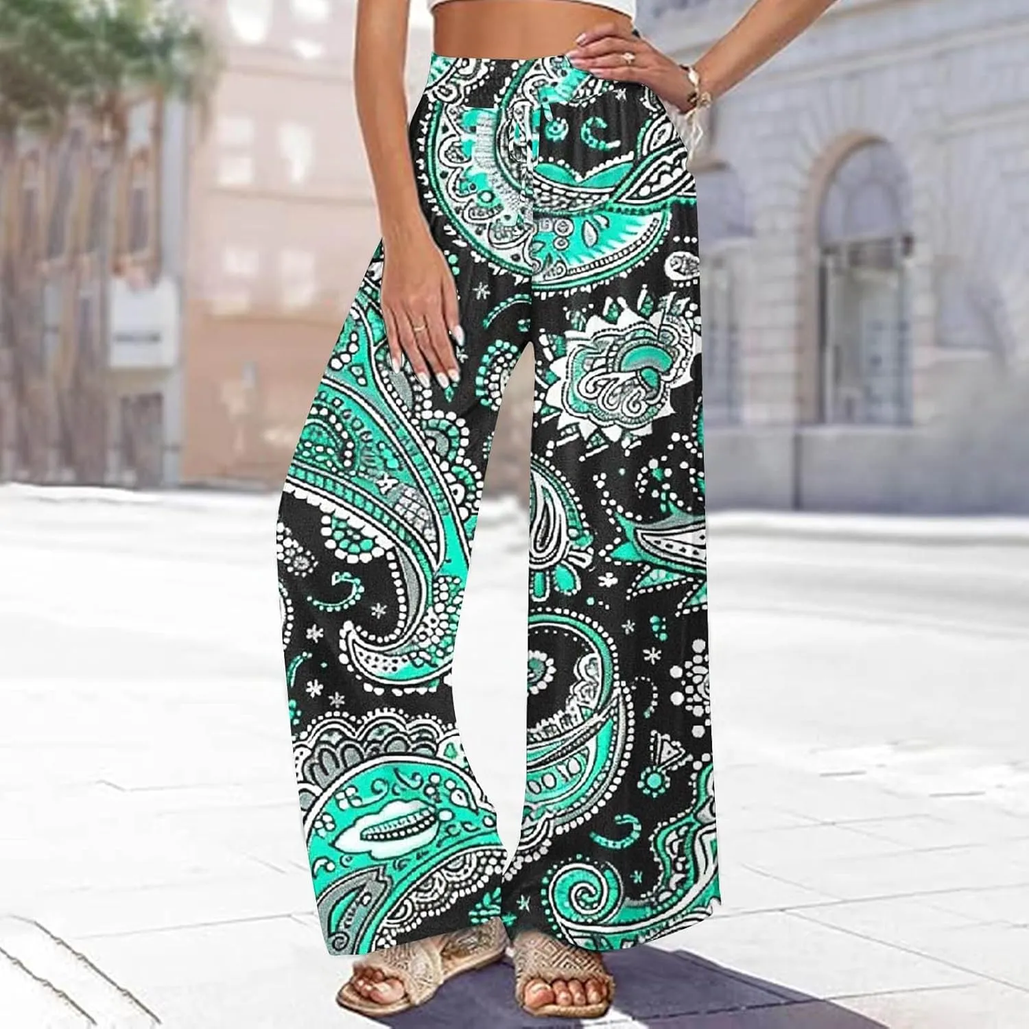Lastesso Wide Leg Pants Women Casual Flowy Palazzo Pants High Waist Ethnic Style Fashion Falll Clothes Soft Lounge Pants