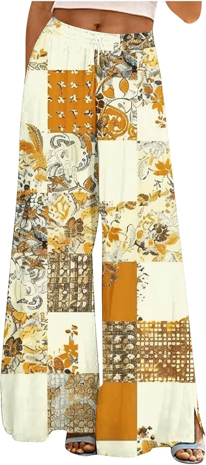 Lastesso Wide Leg Pants Women Casual Flowy Palazzo Pants High Waist Ethnic Style Fashion Falll Clothes Soft Lounge Pants