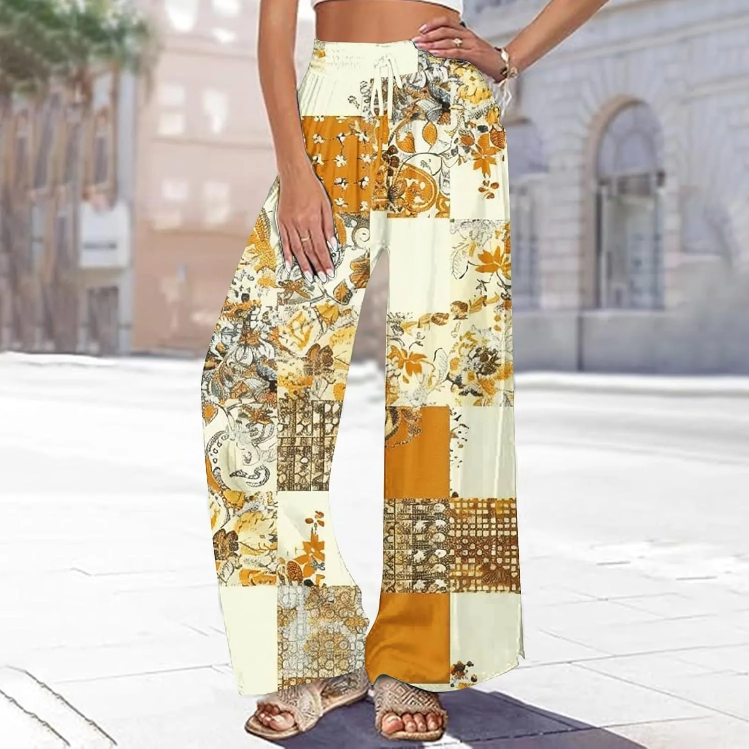 Lastesso Wide Leg Pants Women Casual Flowy Palazzo Pants High Waist Ethnic Style Fashion Falll Clothes Soft Lounge Pants