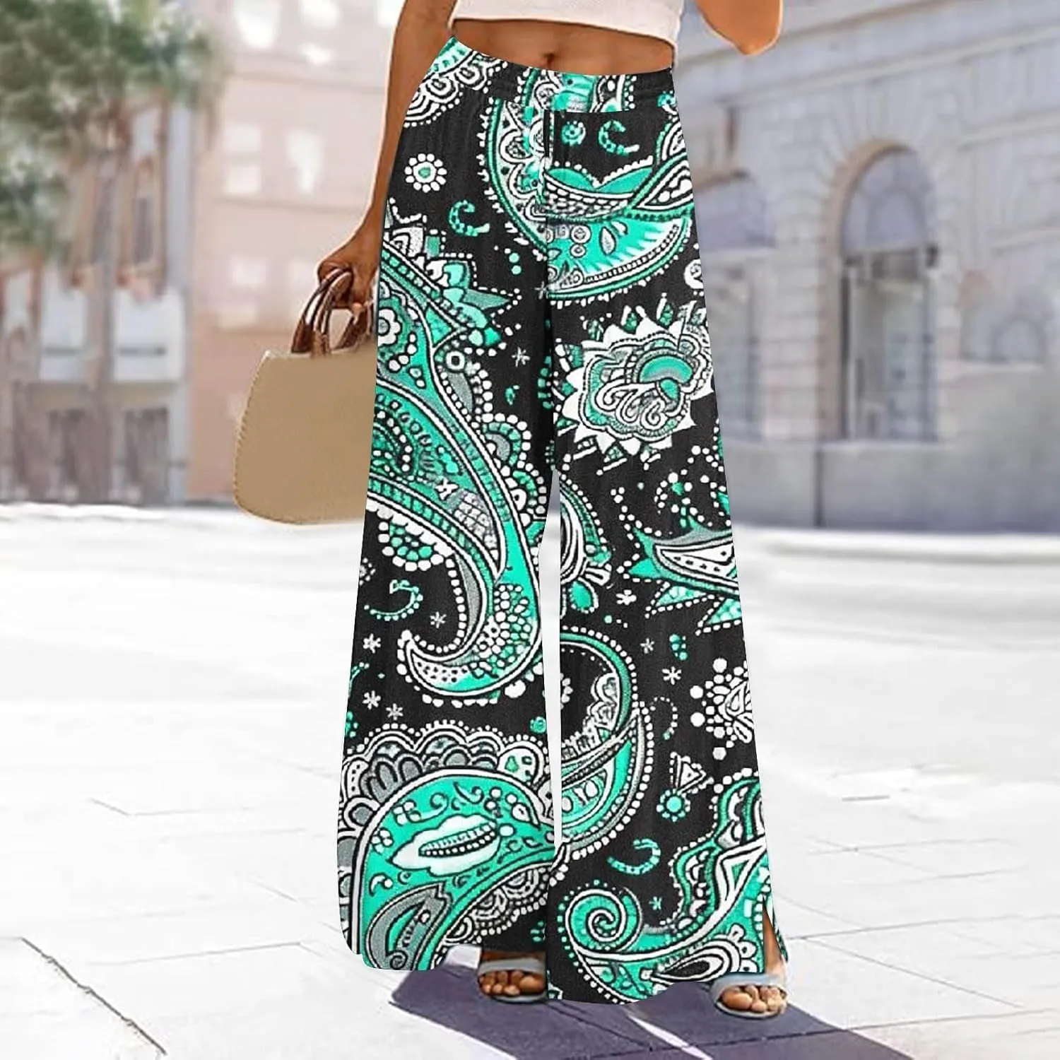 Lastesso Wide Leg Pants Women Casual Flowy Palazzo Pants High Waist Ethnic Style Fashion Falll Clothes Soft Lounge Pants