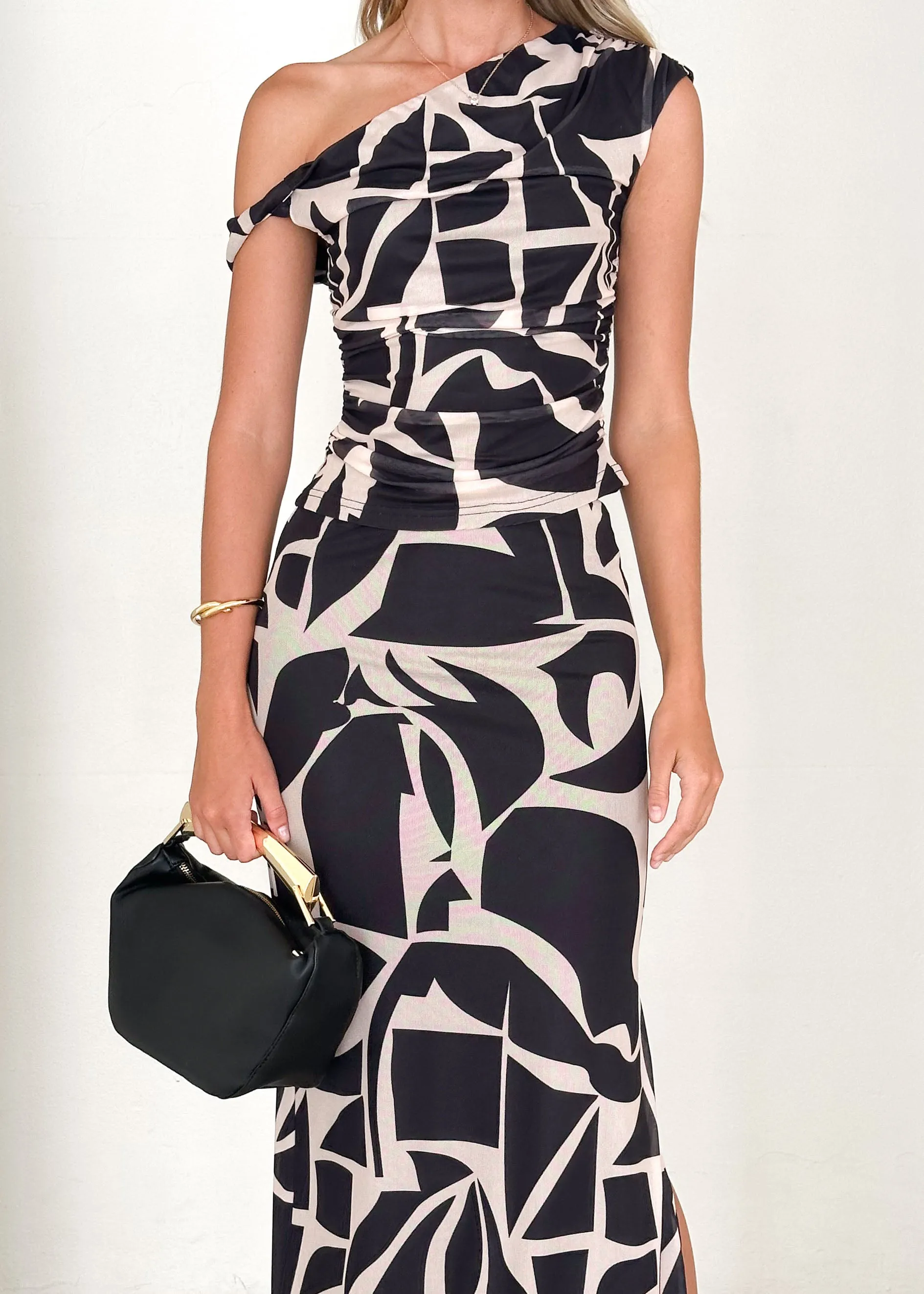 Lavidia One Shoulder Top - Black Abstract