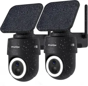 LaView 2K Solar Camera Outdoor Wireless, 100% Wire-Free WiFi Cameras for Home Security, 360° Rechargeable Battery Outdoor Camera, IP65, Color Night Vision, Two-Way Audio, Work with Alexa(2 Pack)