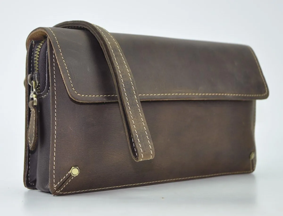 Le'aokuu Men Genuine Leather Business Briefcase Clutch Hand Bag Organizer Wallet (Brown)