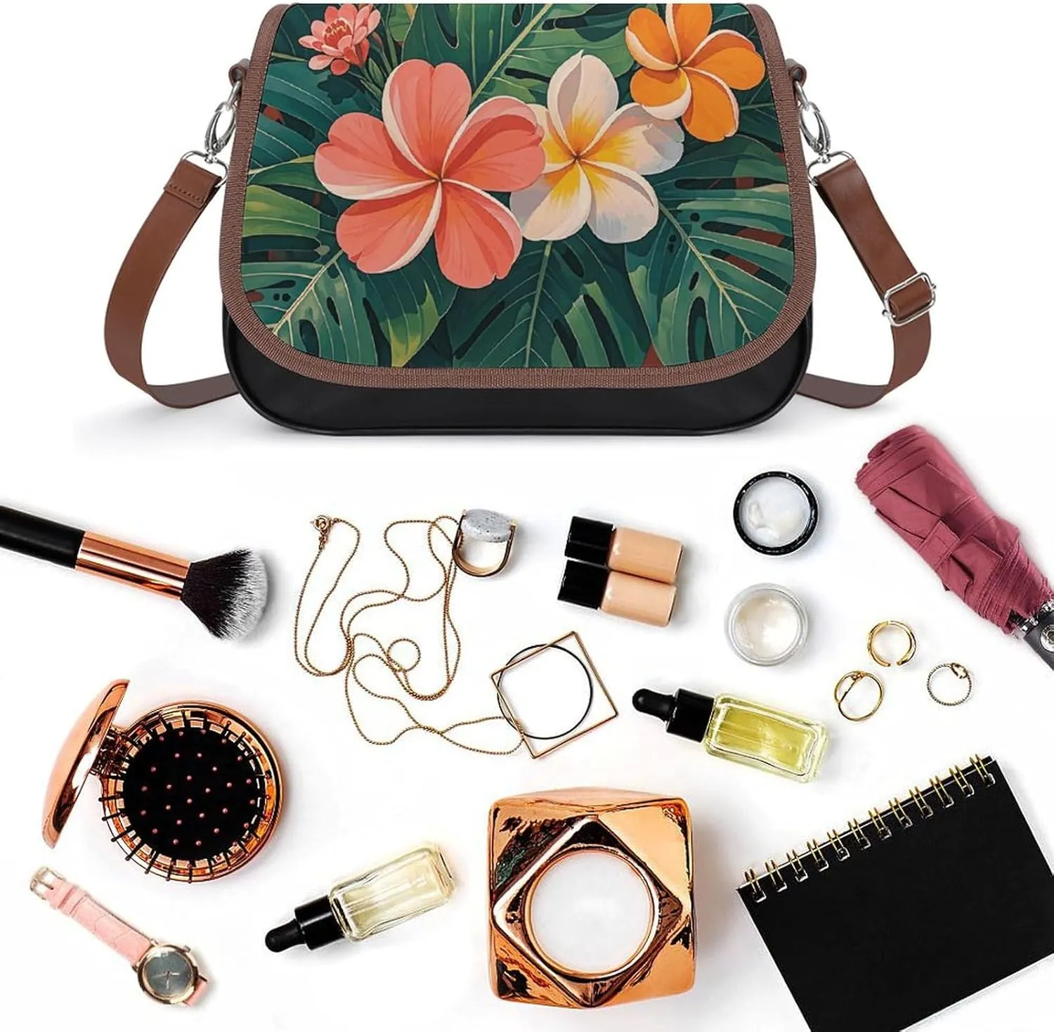 Leather Crossbody Bag for Women Navy Blue Flower Detachable Strap Handbags Travel Purse Shoulder Bag for Daily Use