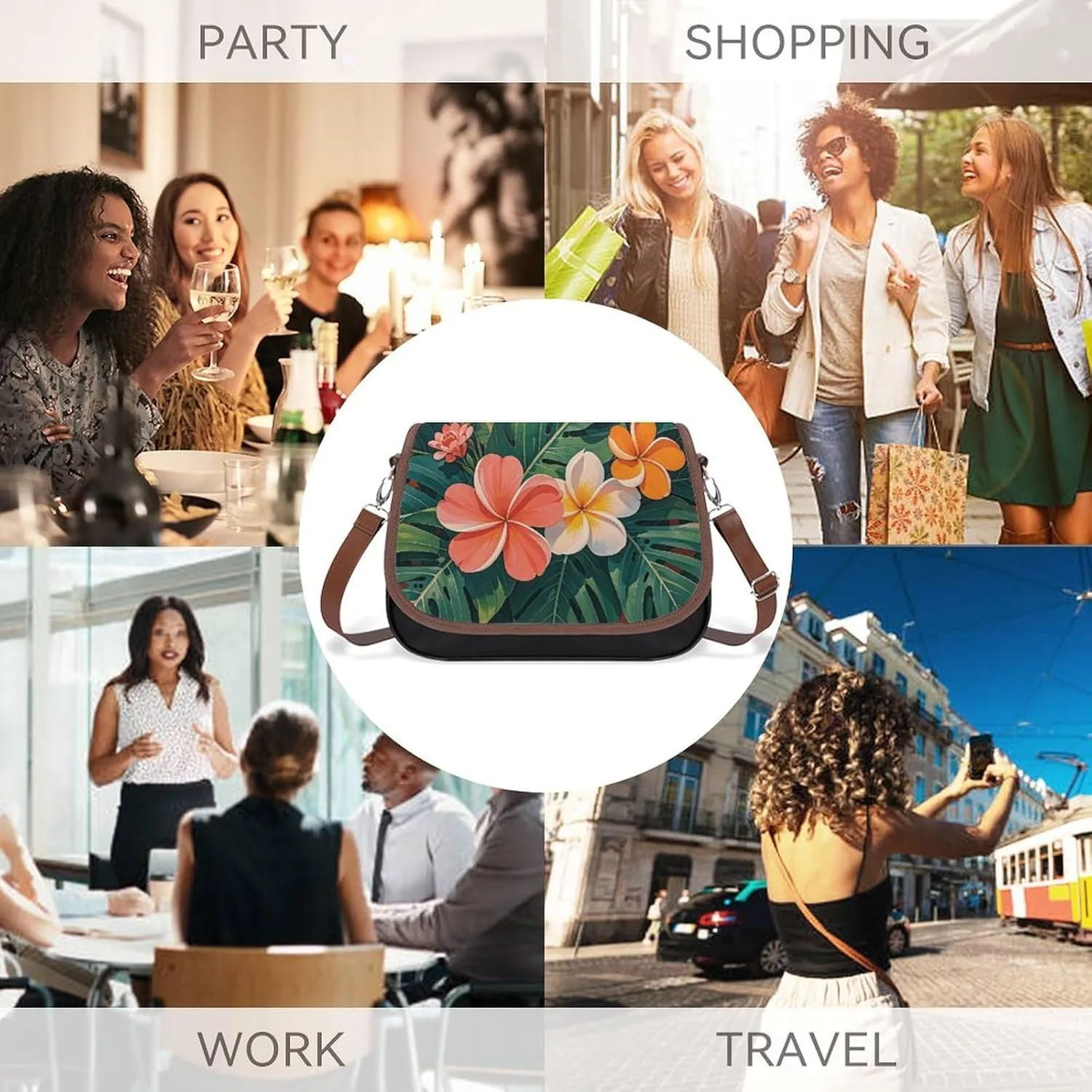 Leather Crossbody Bag for Women Navy Blue Flower Detachable Strap Handbags Travel Purse Shoulder Bag for Daily Use
