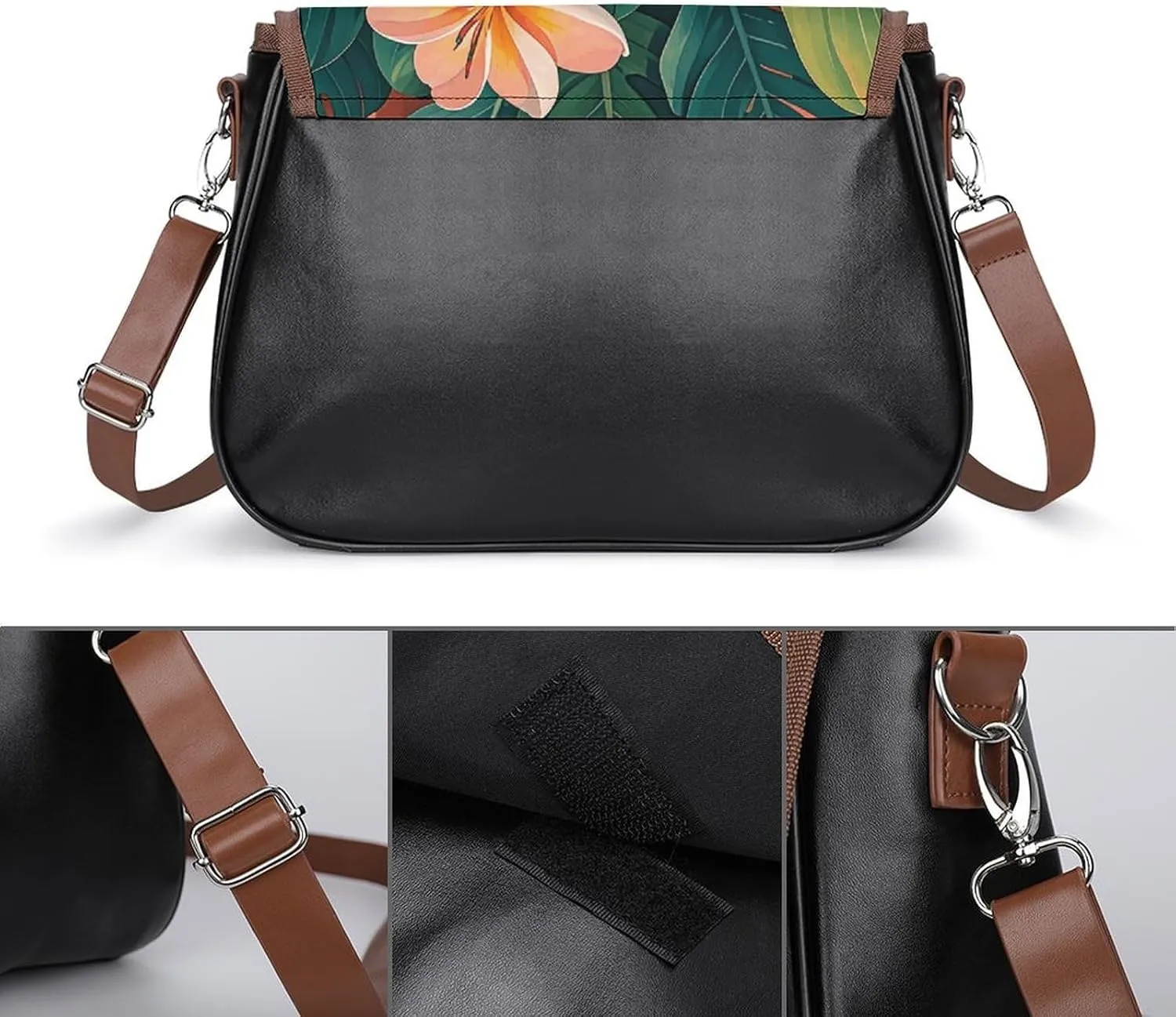 Leather Crossbody Bag for Women Navy Blue Flower Detachable Strap Handbags Travel Purse Shoulder Bag for Daily Use
