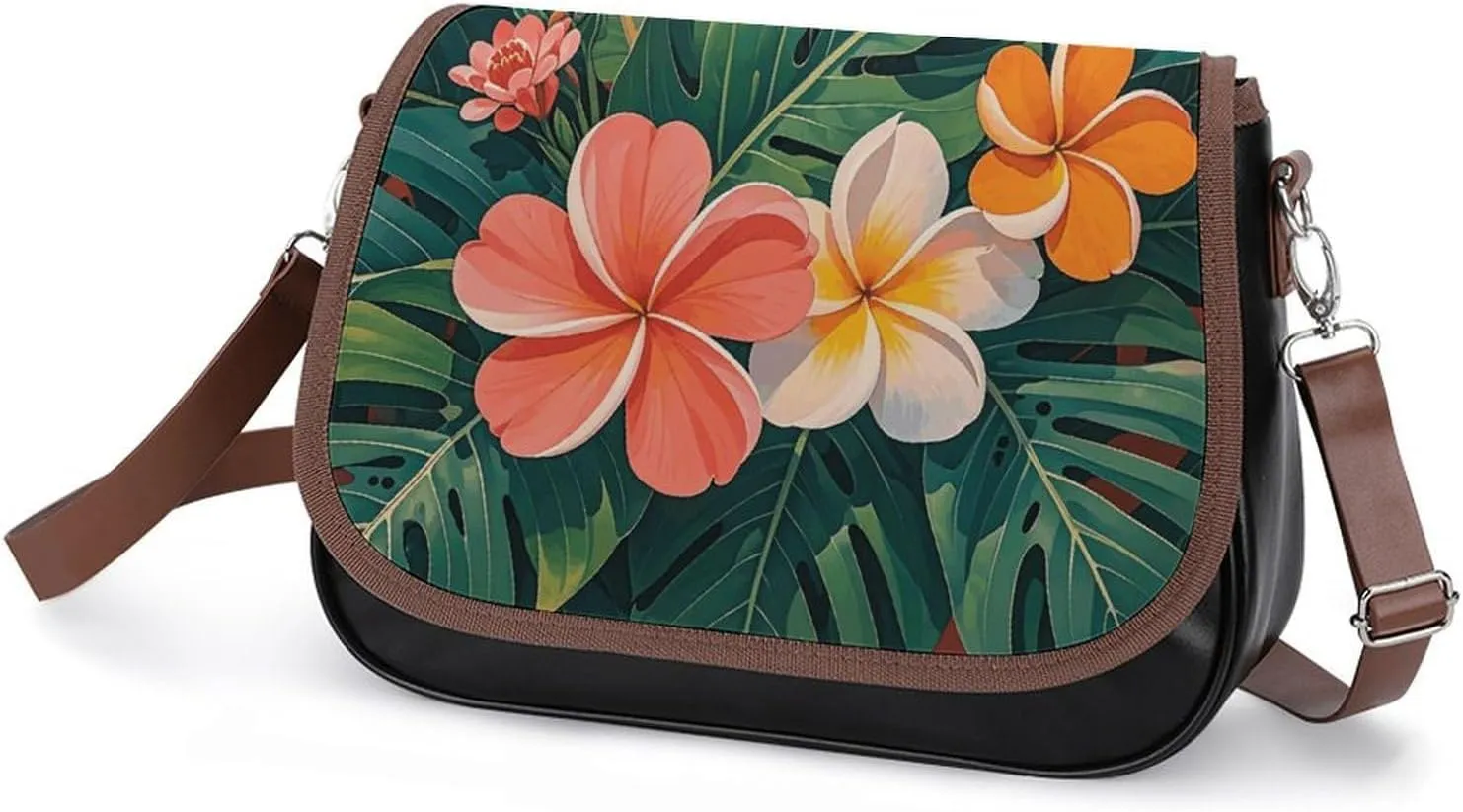 Leather Crossbody Bag for Women Navy Blue Flower Detachable Strap Handbags Travel Purse Shoulder Bag for Daily Use