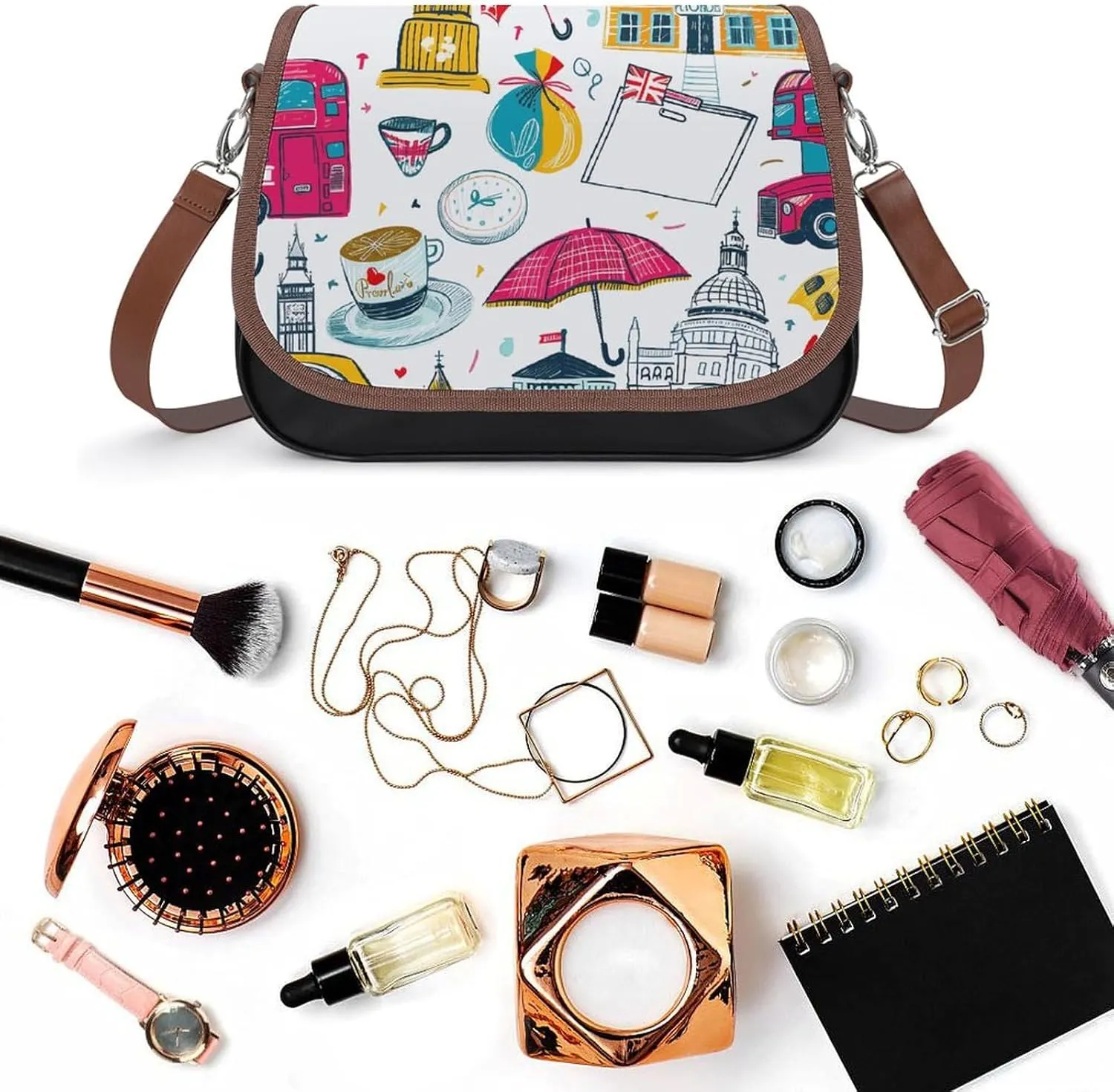 Leather Crossbody Bag for Women Rabbit on Hot Air Balloon Detachable Strap Handbags Travel Purse Shoulder Bag for Daily Use