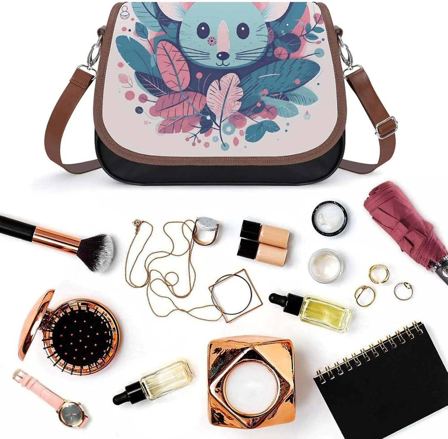 Leather Crossbody Bag for Women Rabbit on Hot Air Balloon Detachable Strap Handbags Travel Purse Shoulder Bag for Daily Use