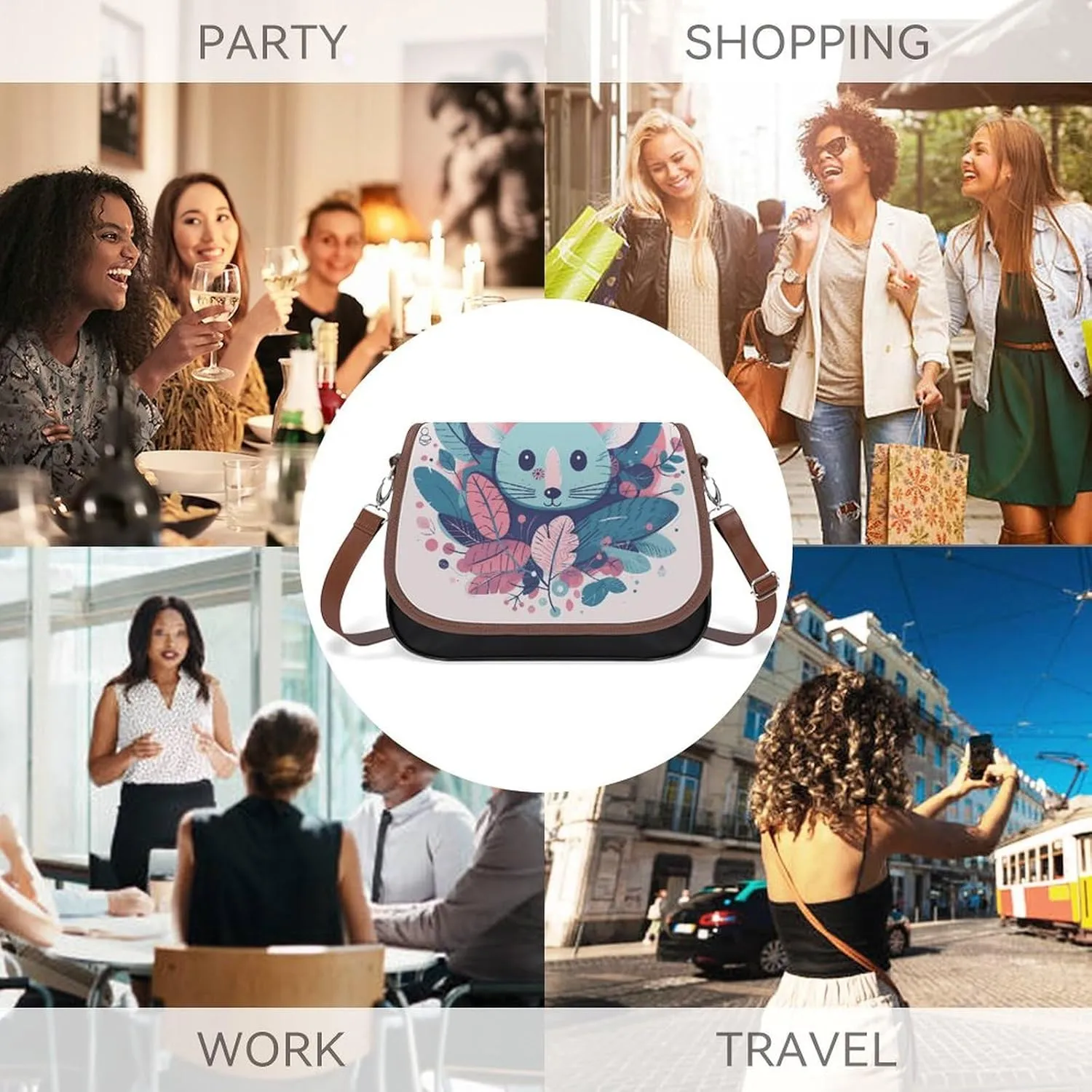 Leather Crossbody Bag for Women Rabbit on Hot Air Balloon Detachable Strap Handbags Travel Purse Shoulder Bag for Daily Use
