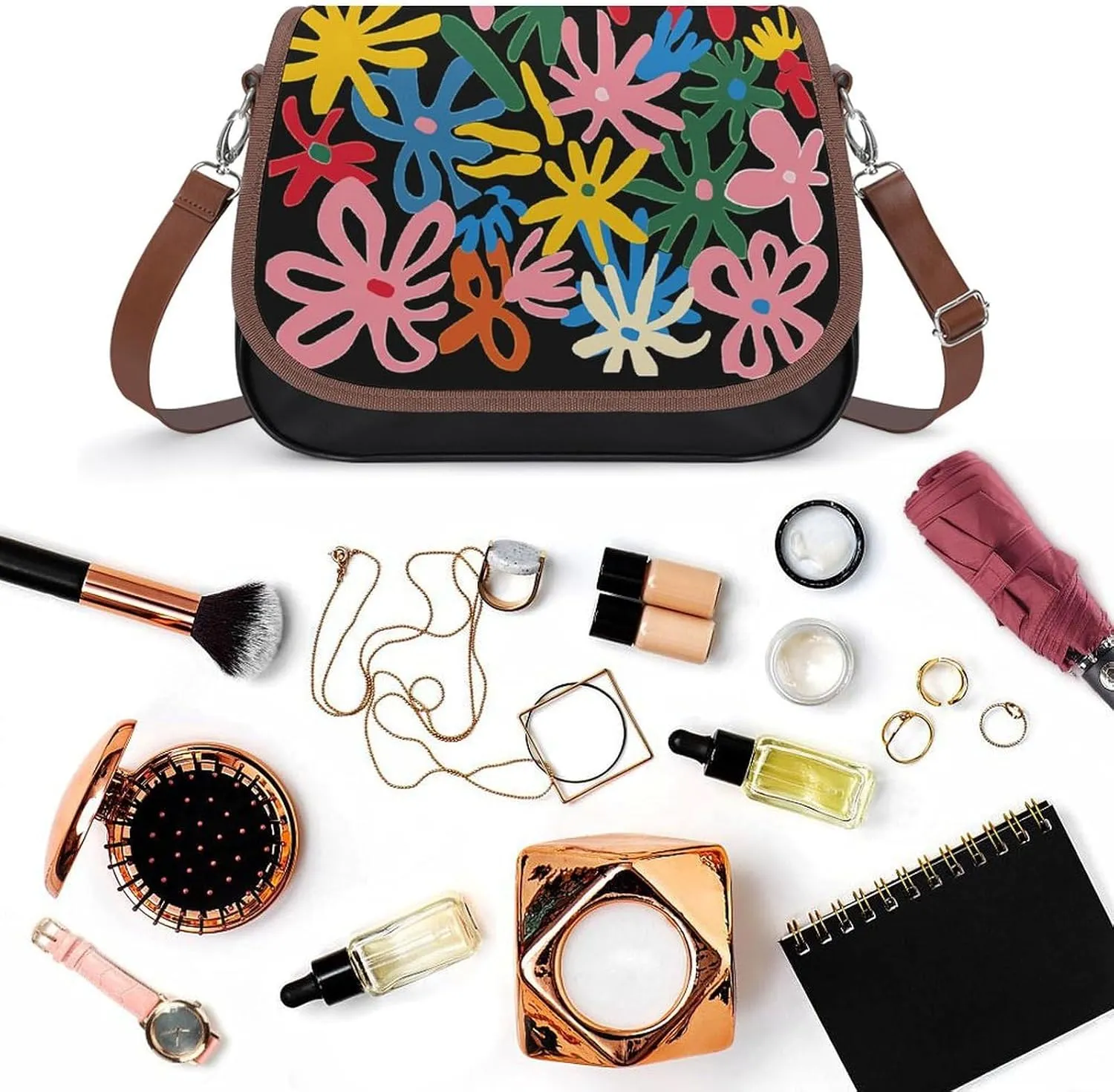 Leather Crossbody Bag for Women Rabbit on Hot Air Balloon Detachable Strap Handbags Travel Purse Shoulder Bag for Daily Use