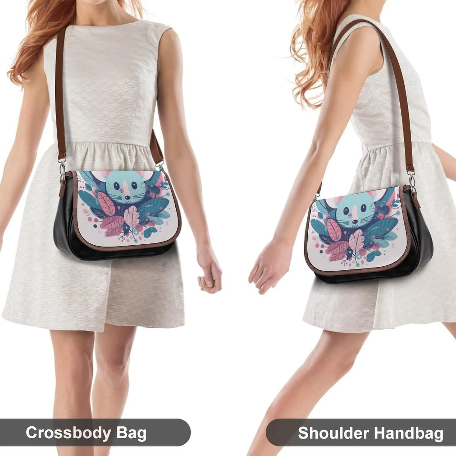 Leather Crossbody Bag for Women Rabbit on Hot Air Balloon Detachable Strap Handbags Travel Purse Shoulder Bag for Daily Use