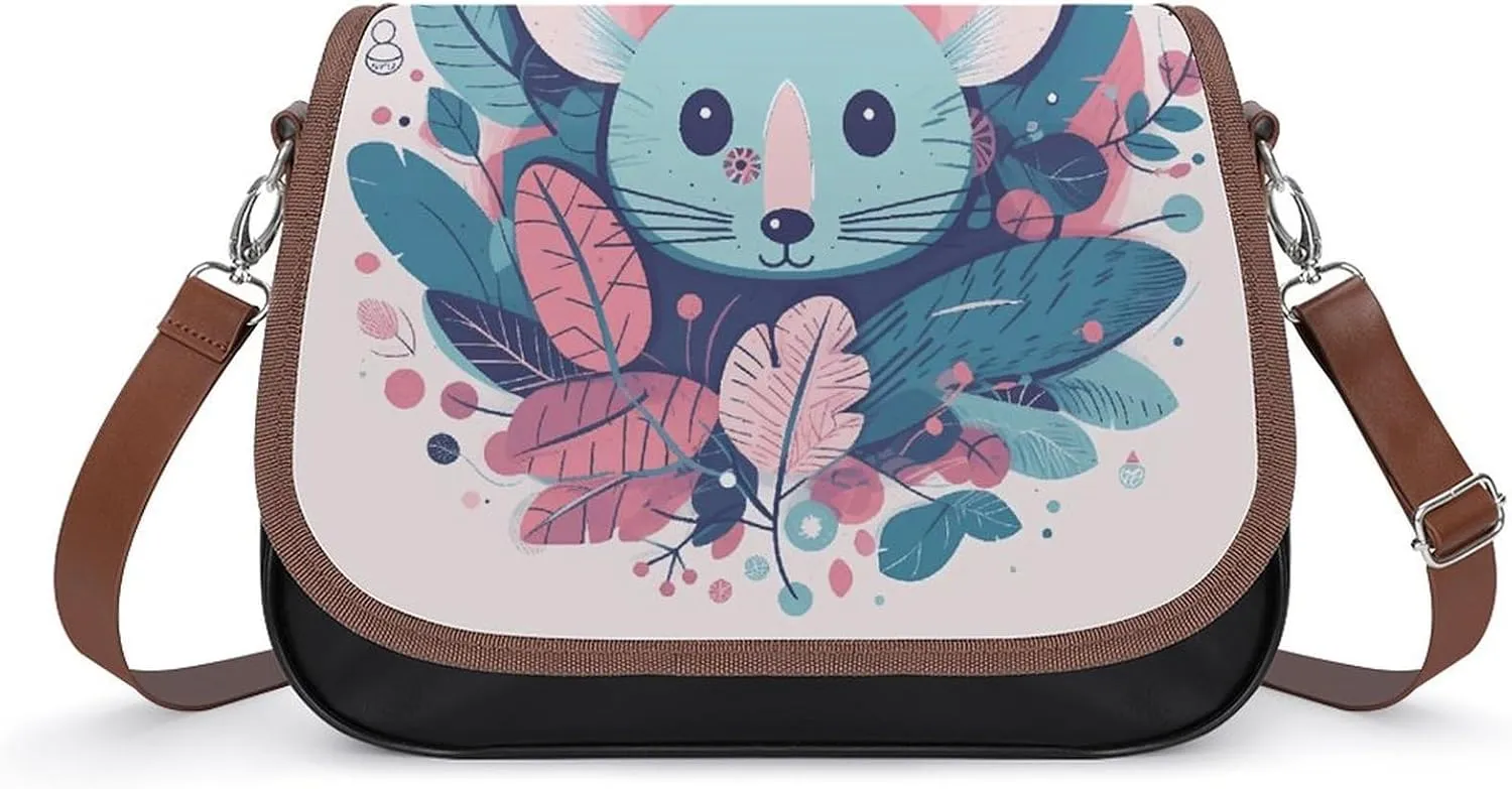 Leather Crossbody Bag for Women Rabbit on Hot Air Balloon Detachable Strap Handbags Travel Purse Shoulder Bag for Daily Use