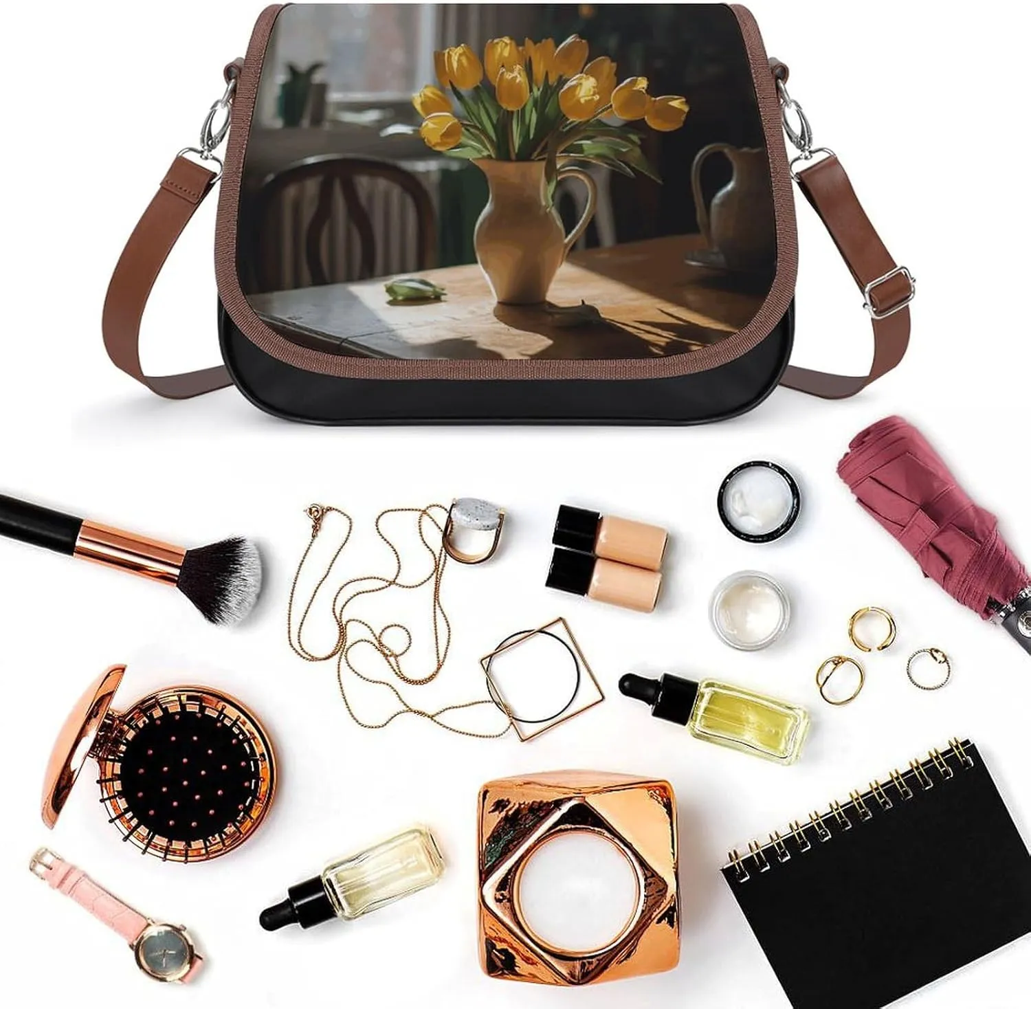 Leather Crossbody Bag for Women Rabbit on Hot Air Balloon Detachable Strap Handbags Travel Purse Shoulder Bag for Daily Use