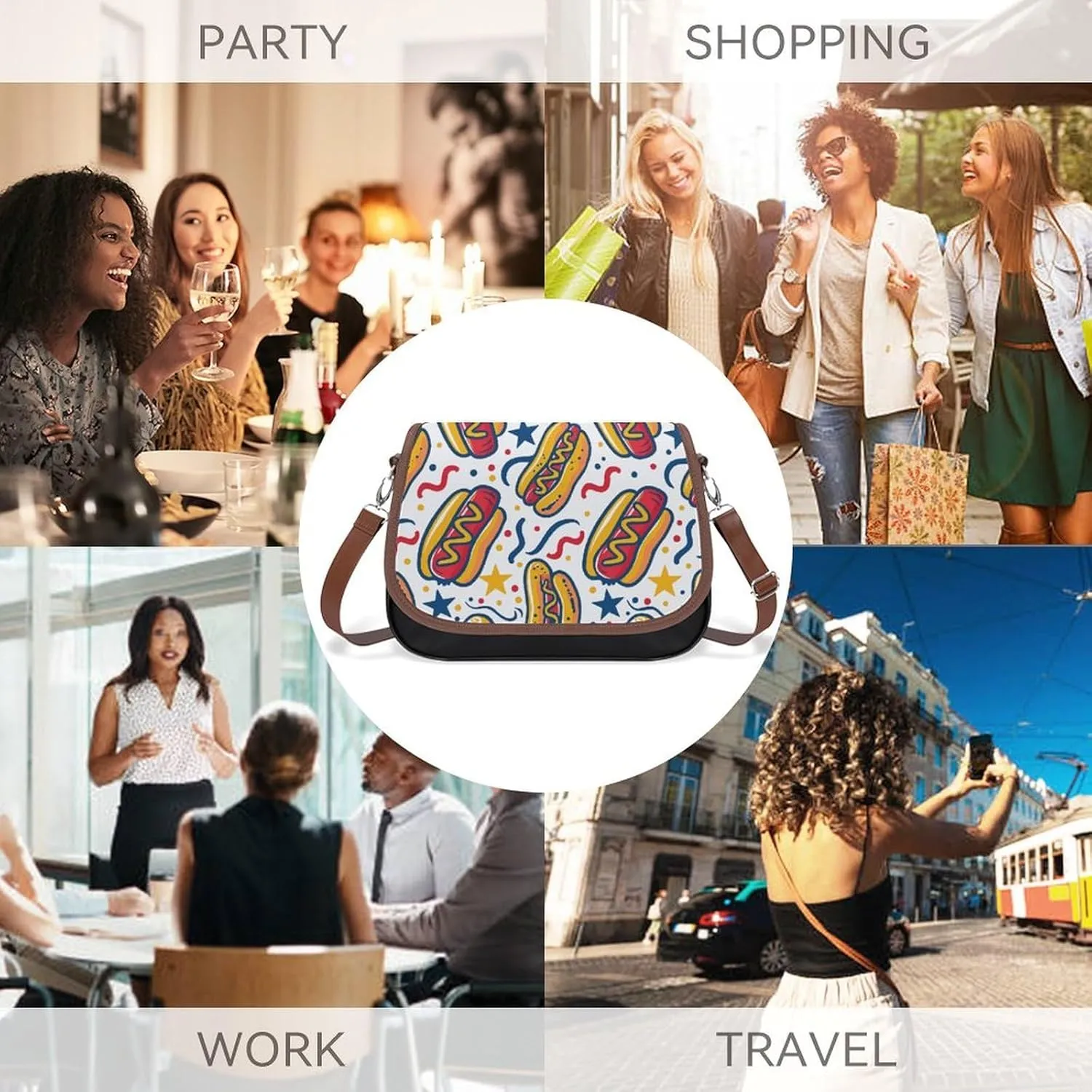 Leather Crossbody Bag for Women Sandwich Repeating Pattern Detachable Strap Handbags Travel Purse Shoulder Bag for Daily Use