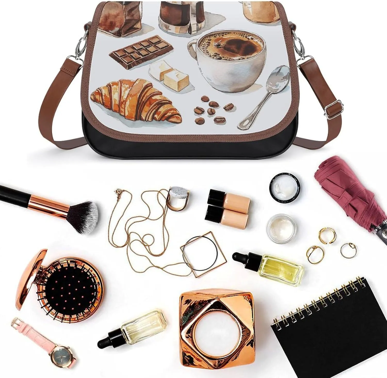 Leather Crossbody Bag for Women Sandwich Repeating Pattern Detachable Strap Handbags Travel Purse Shoulder Bag for Daily Use