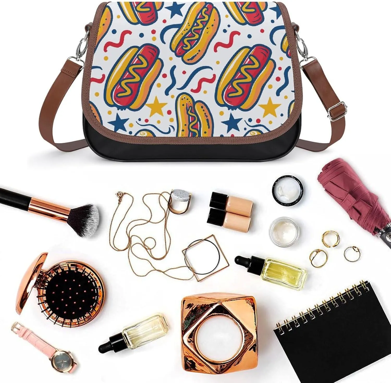 Leather Crossbody Bag for Women Sandwich Repeating Pattern Detachable Strap Handbags Travel Purse Shoulder Bag for Daily Use