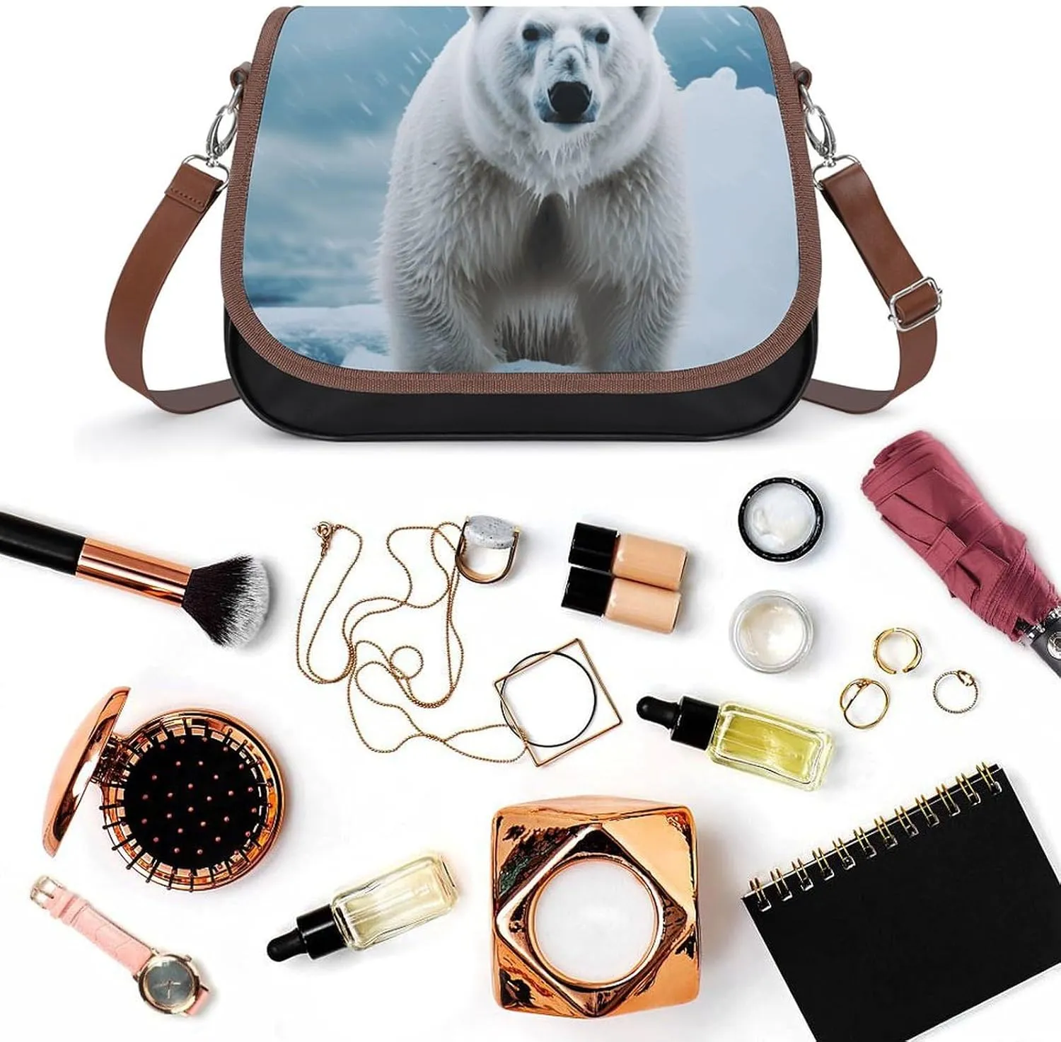 Leather Crossbody Bag for Women Squirrel Eats Nuts Detachable Strap Handbags Travel Purse Shoulder Bags for Daily Use