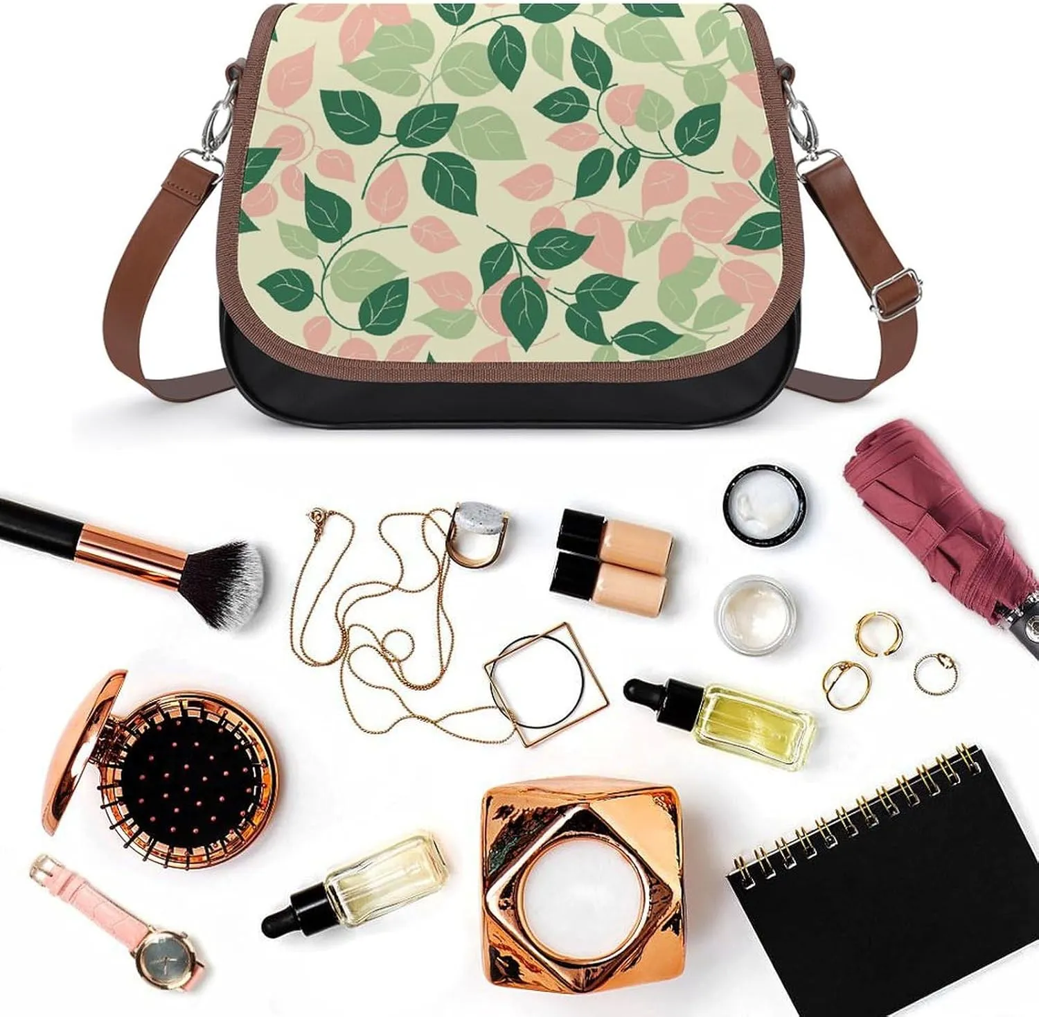 Leather Crossbody Bag for Women With Leaf Pattern Detachable Strap Handbags Travel Purse Shoulder Bag for Daily Use