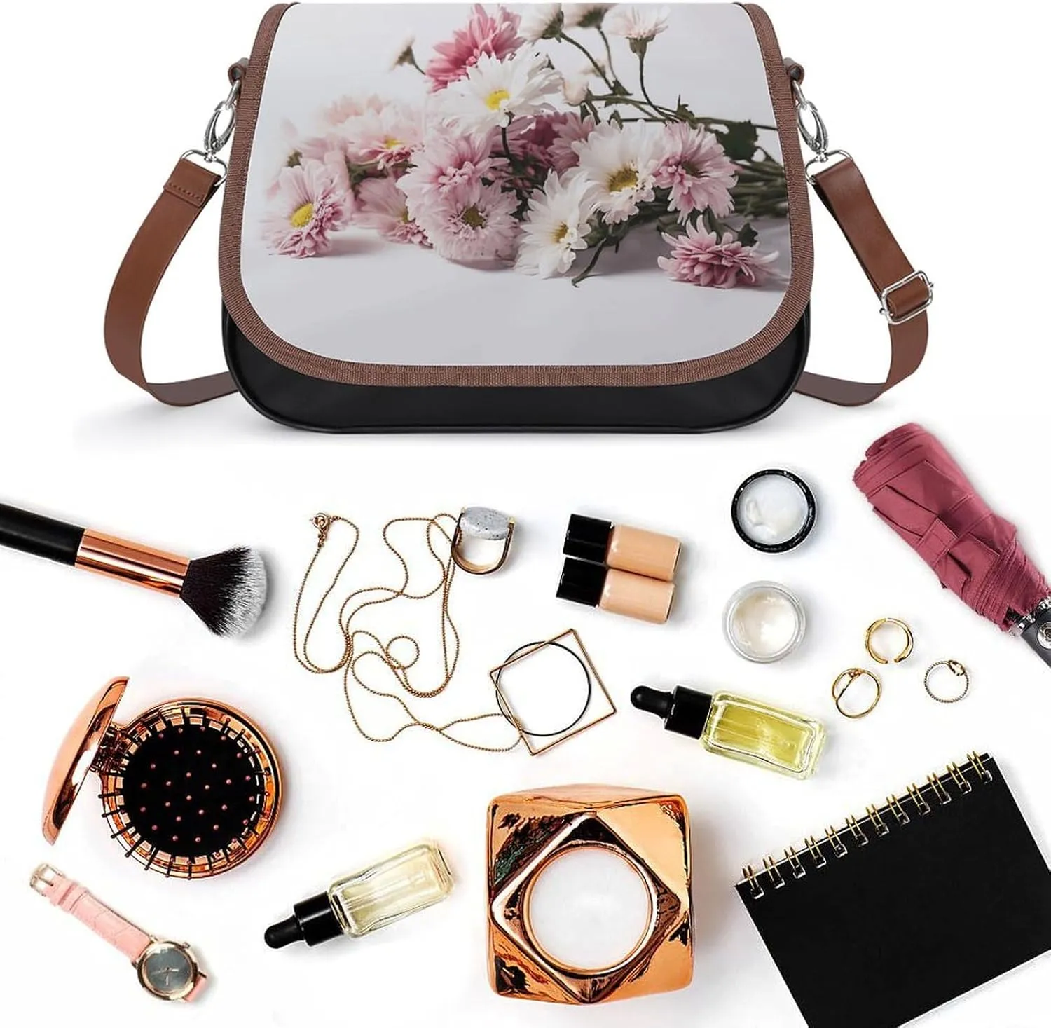 Leather Crossbody Bag for Women With Leaf Pattern Detachable Strap Handbags Travel Purse Shoulder Bag for Daily Use