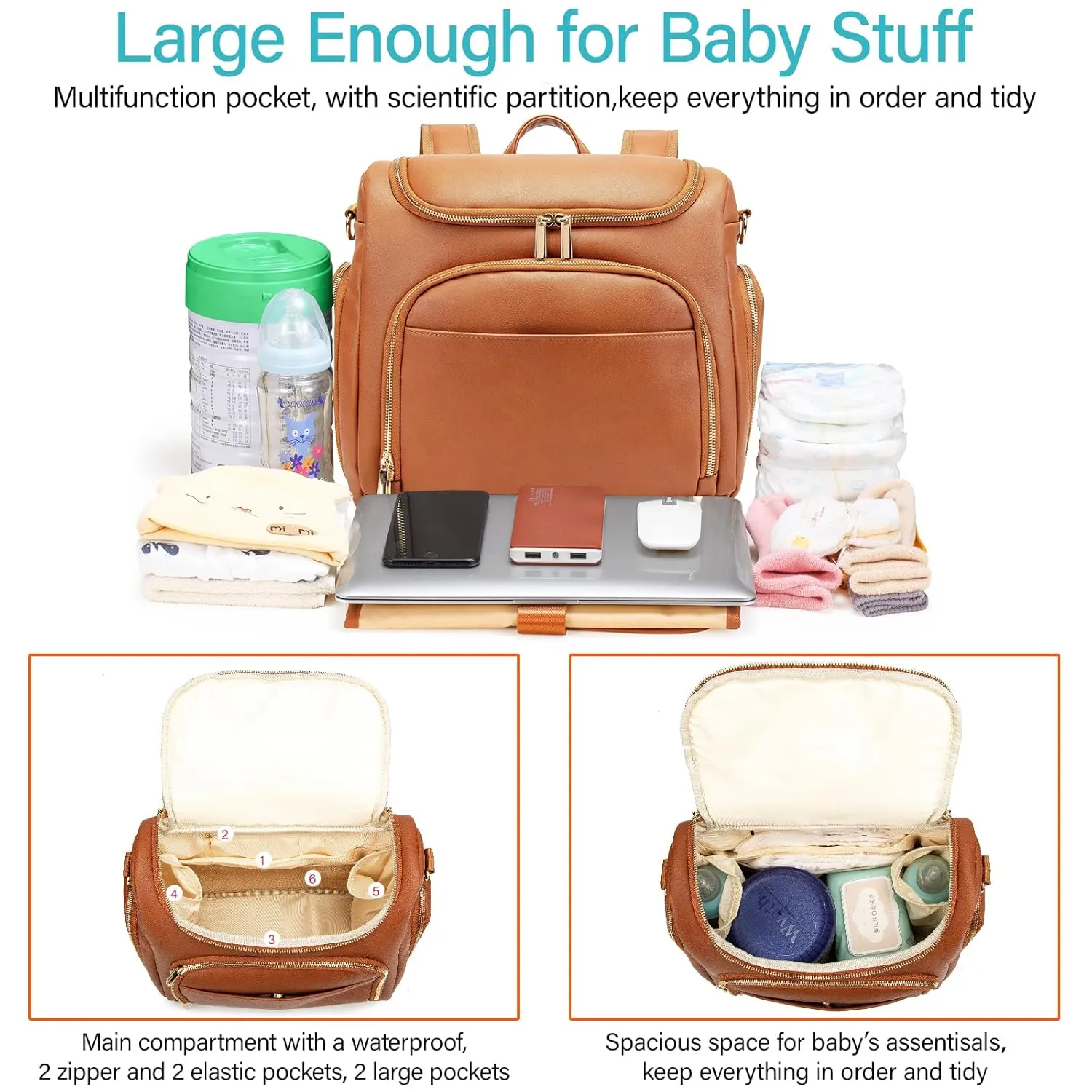 Leather Diaper Bag Backpack with Changing Pad - Multi-Function Large Capacity Baby Bag with Adjustable Shoulder Strap & Stroller Straps