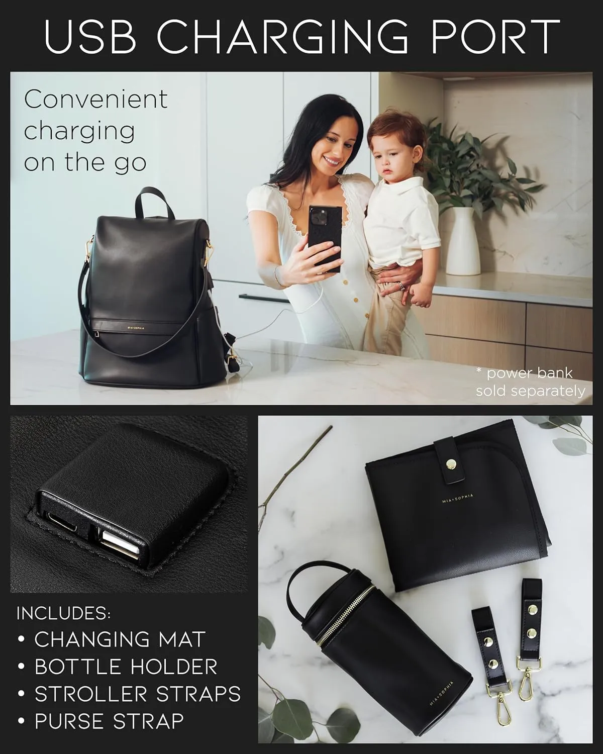 Leather Diaper Bag Backpack with USB Charging port, Changing Pad, Stroller Straps, and Bottle Holder (Black Mia)