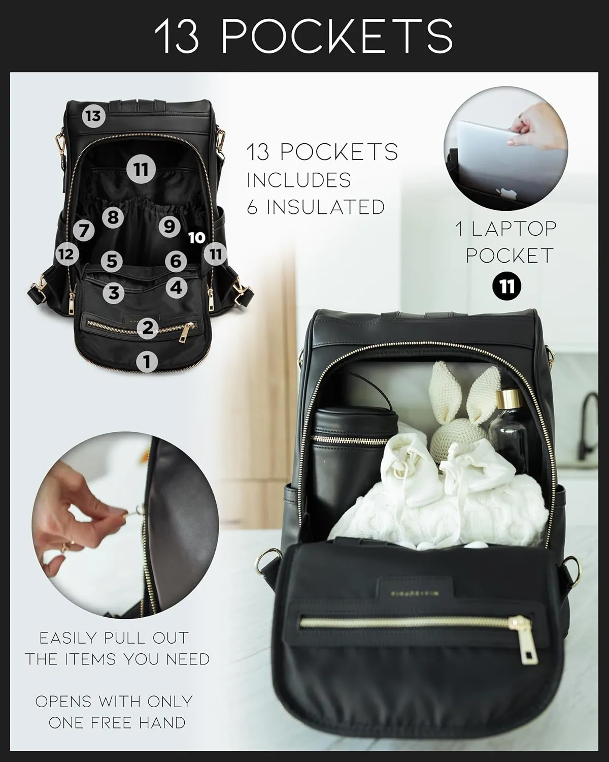 Leather Diaper Bag Backpack with USB Charging port, Changing Pad, Stroller Straps, and Bottle Holder (Black Mia)