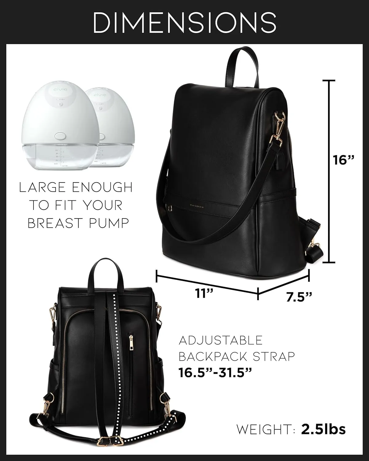 Leather Diaper Bag Backpack with USB Charging port, Changing Pad, Stroller Straps, and Bottle Holder (Black Mia)