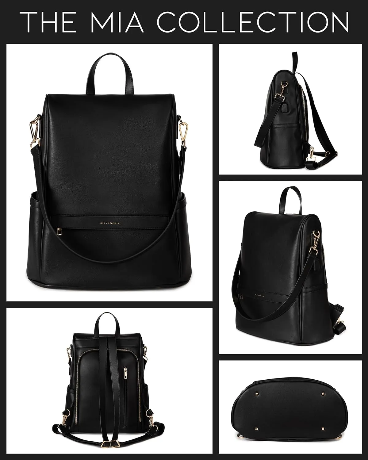 Leather Diaper Bag Backpack with USB Charging port, Changing Pad, Stroller Straps, and Bottle Holder (Black Mia)