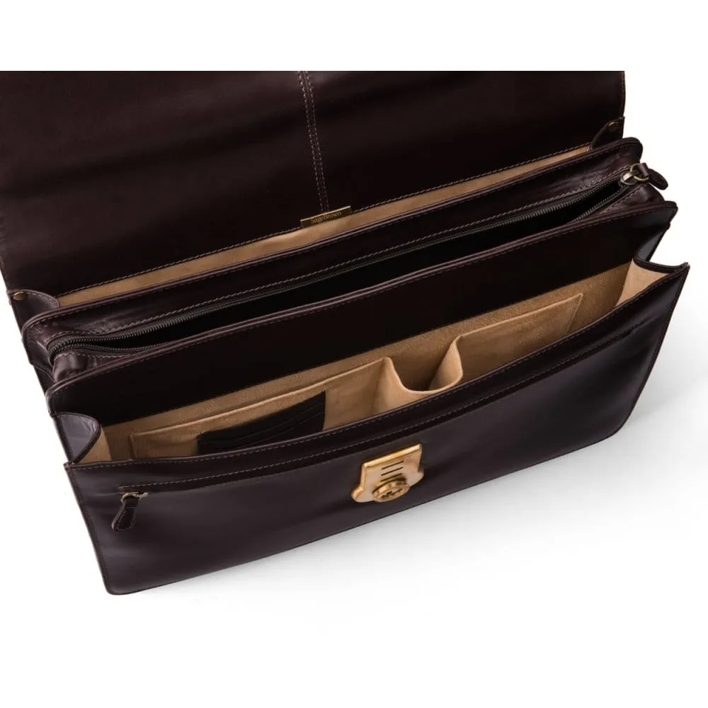 Leather Hatton Briefcase With Solid Brass Lock - Brown