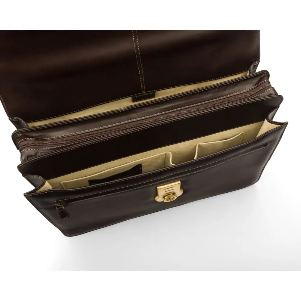 Leather Hatton Briefcase With Solid Brass Lock - Brown