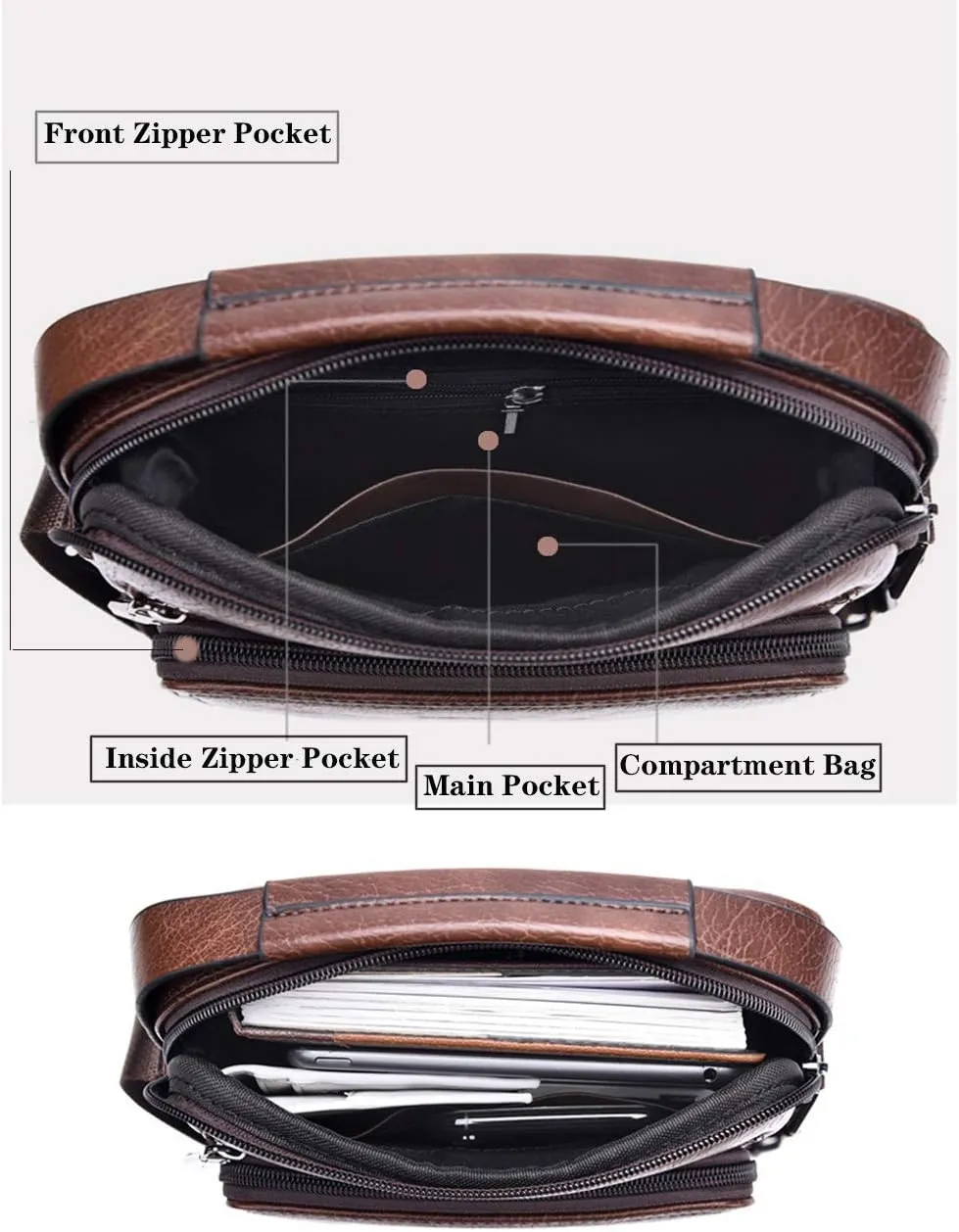Leather Messenger Bag for Men, Man Purse Crossbody Bag PU Leather Men Zipper Bag, Satchel Shoulder Bag