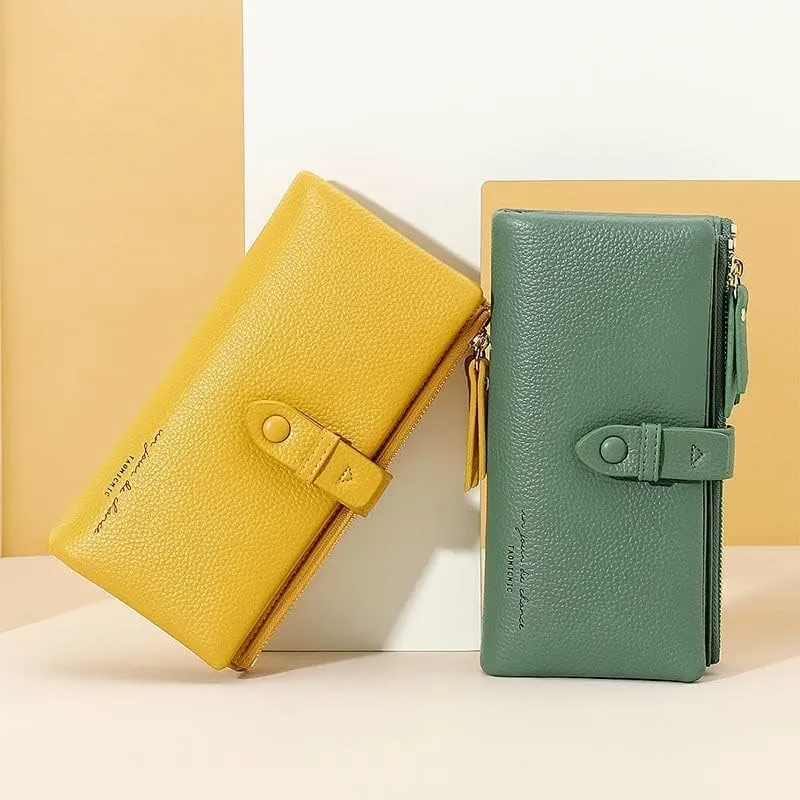 Leather Wallet Pu Leather Women's Wallet Simple Large Capacity Long Purse Clutch Ladies Girls Solid Color Zipper Coin Pocket Large Capacity (Green,10x19cm)