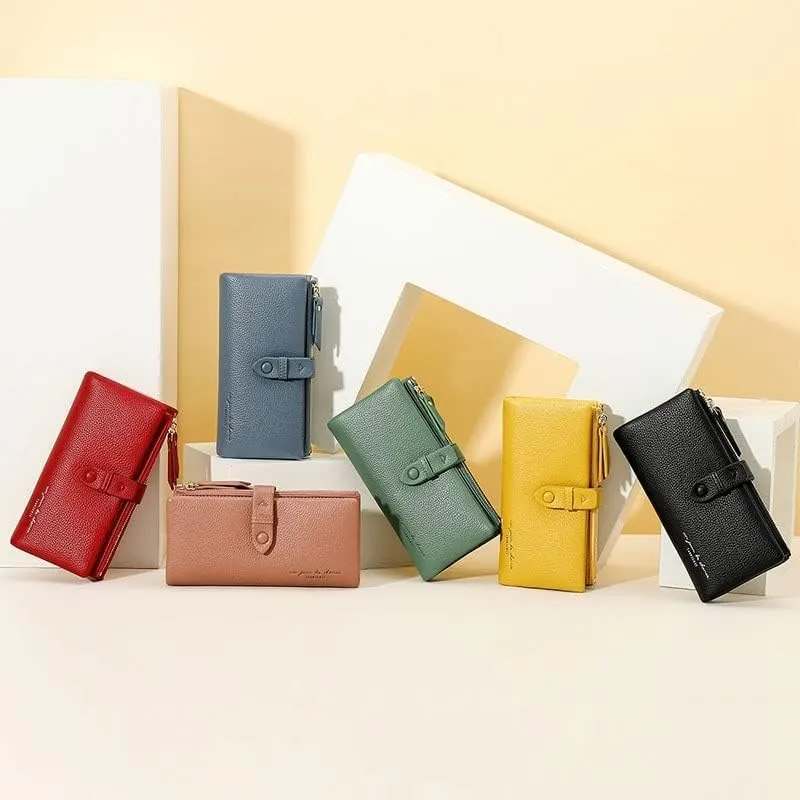 Leather Wallet Pu Leather Women's Wallet Simple Large Capacity Long Purse Clutch Ladies Girls Solid Color Zipper Coin Pocket Large Capacity (Green,10x19cm)