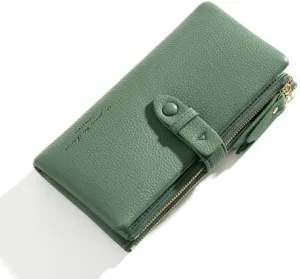 Leather Wallet Pu Leather Women's Wallet Simple Large Capacity Long Purse Clutch Ladies Girls Solid Color Zipper Coin Pocket Large Capacity (Green,10x19cm)
