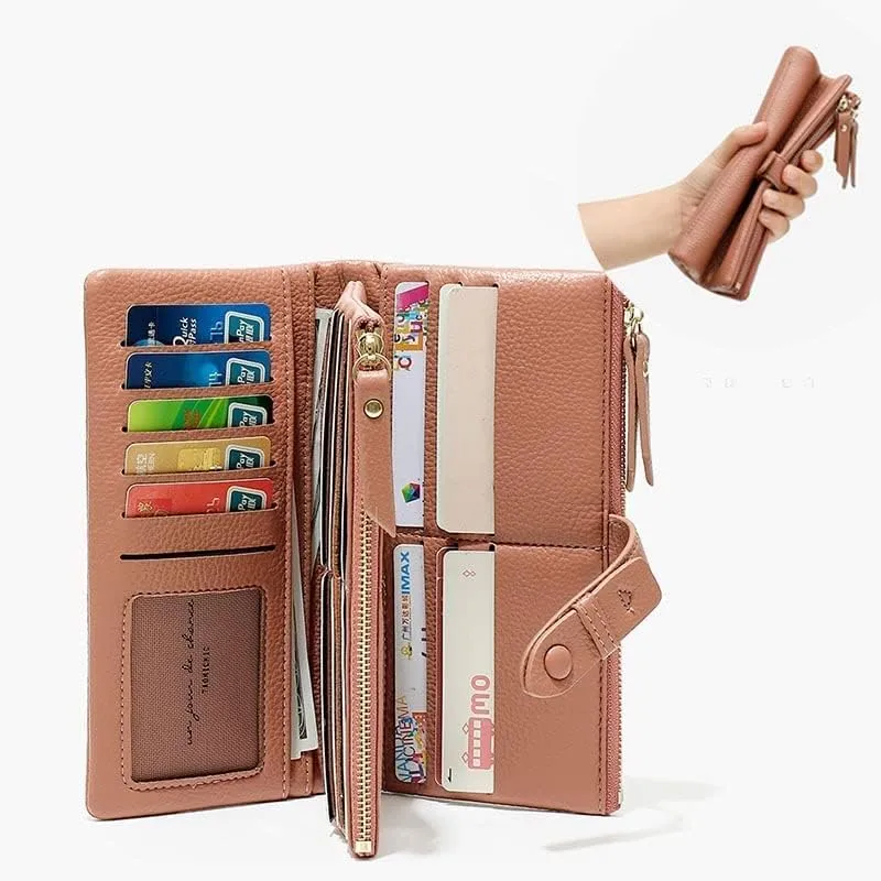 Leather Wallet Pu Leather Women's Wallet Simple Large Capacity Long Purse Clutch Ladies Girls Solid Color Zipper Coin Pocket Large Capacity (Green,10x19cm)