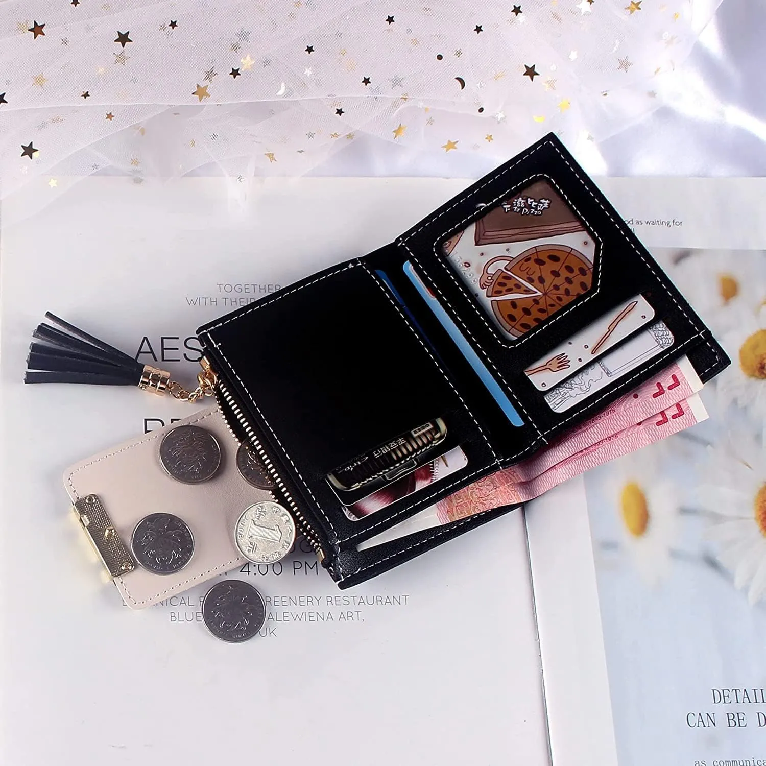 Leather Wallet Women's Pu Leather Wallet Short Mini Fringe Zipper Purse Clutch for Girls Slim Coin Pocket Large Capacity Card Holder Large Capacity (Ye,9.7x11.6cm)