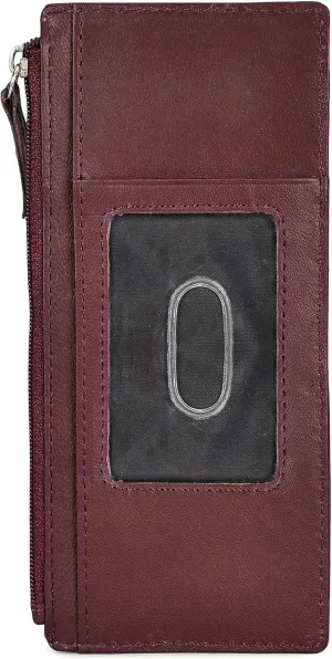Leatherboss Genuine Leather Women's All in One Credit Business Card Case Holder Slim Zipper Wallet With a Card Protection Strap, Cherry