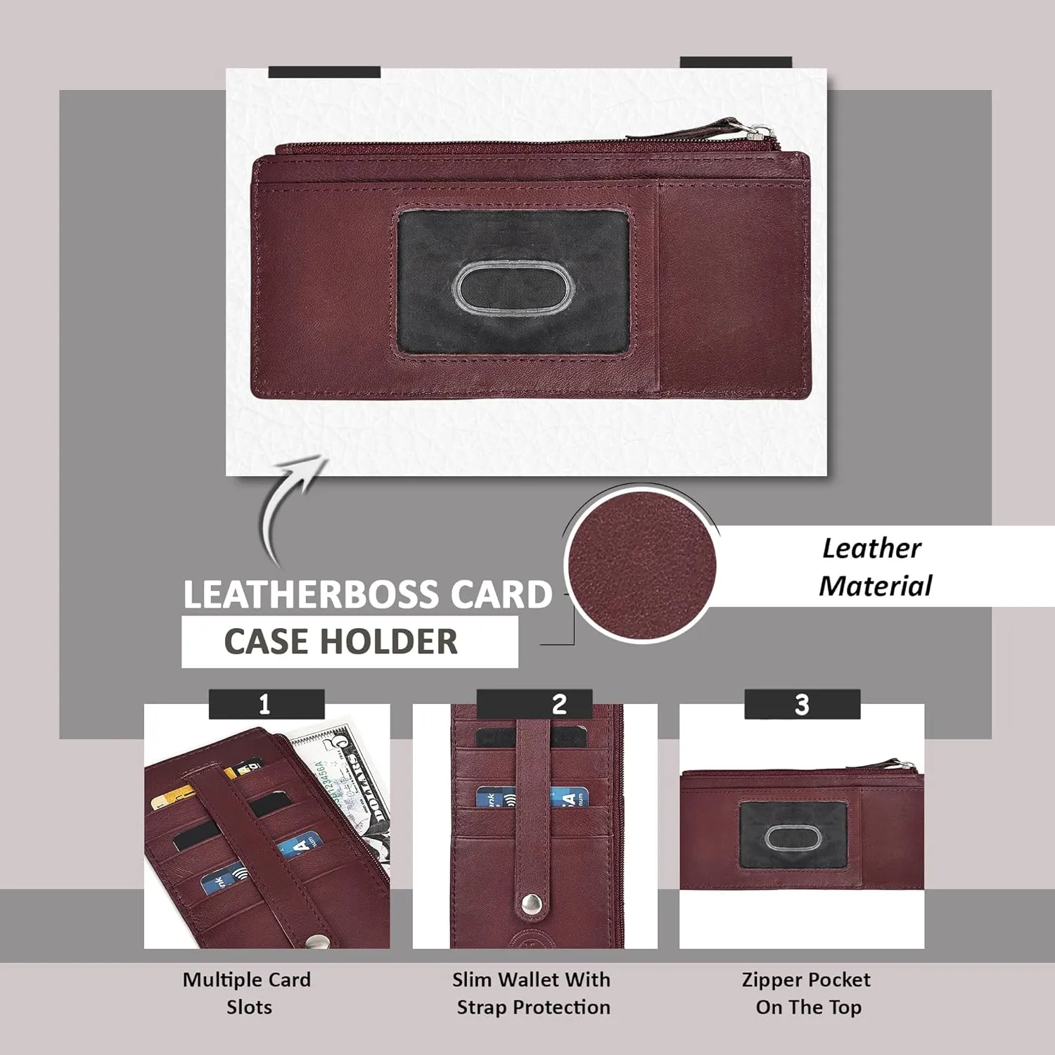 Leatherboss Genuine Leather Women's All in One Credit Business Card Case Holder Slim Zipper Wallet With a Card Protection Strap, Cherry
