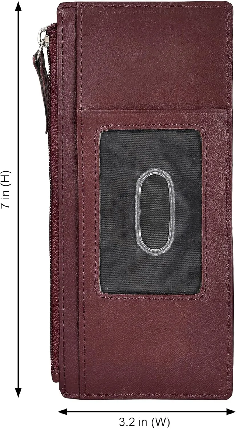 Leatherboss Genuine Leather Women's All in One Credit Business Card Case Holder Slim Zipper Wallet With a Card Protection Strap, Cherry