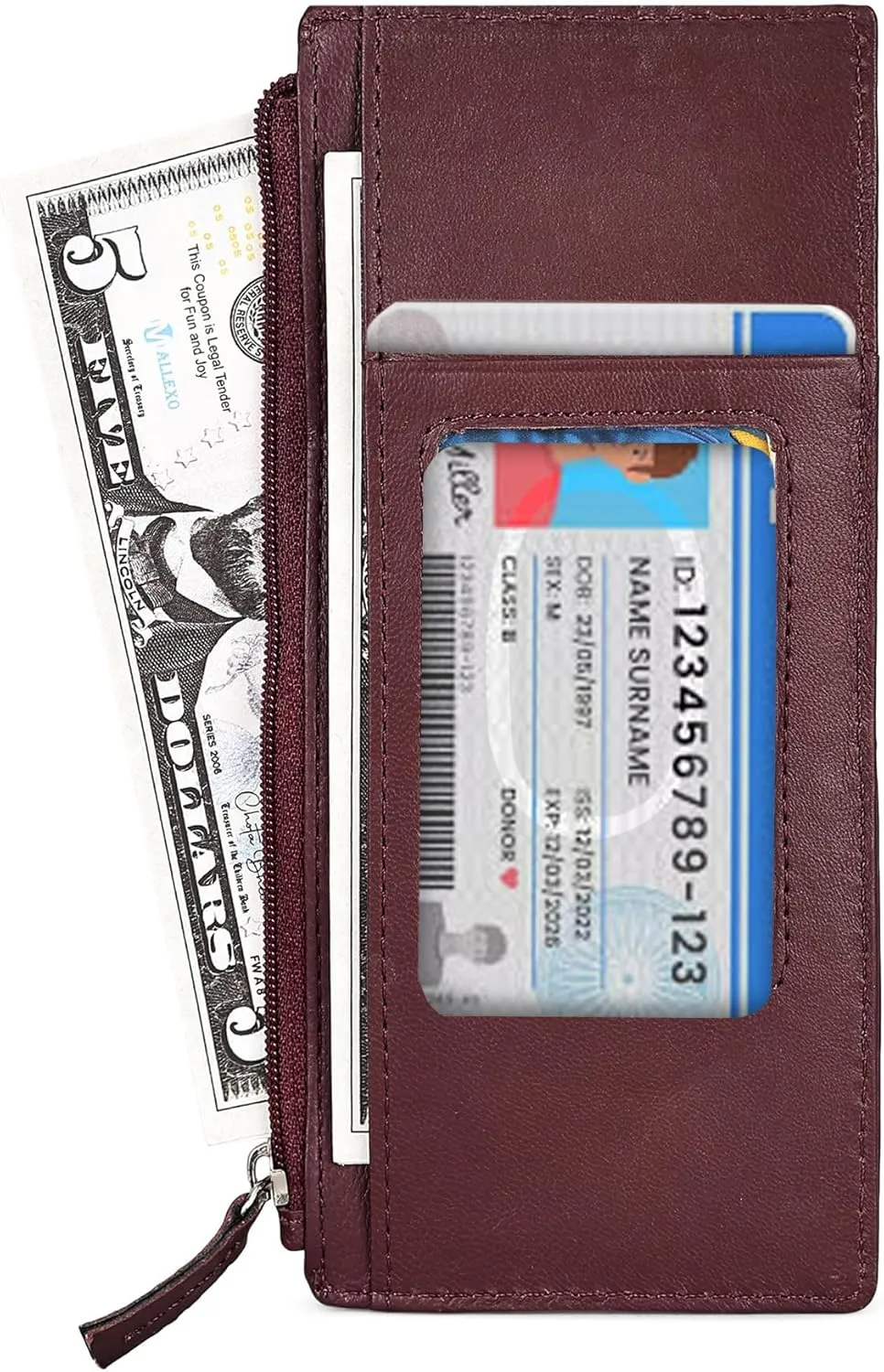 Leatherboss Genuine Leather Women's All in One Credit Business Card Case Holder Slim Zipper Wallet With a Card Protection Strap, Cherry
