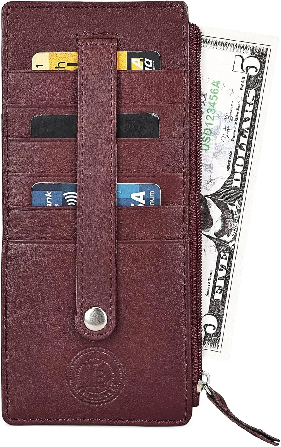 Leatherboss Genuine Leather Women's All in One Credit Business Card Case Holder Slim Zipper Wallet With a Card Protection Strap, Cherry